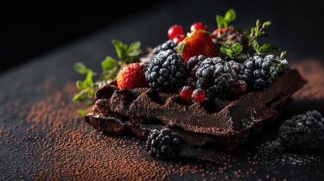 Delicious chocolate waffle topped with fresh berries and mint leaves, garnished with cocoa powder on a dark background, perfect for food photography.