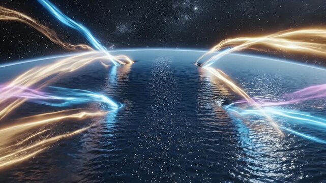 Abstract light streams interact with the surface of a celestial body