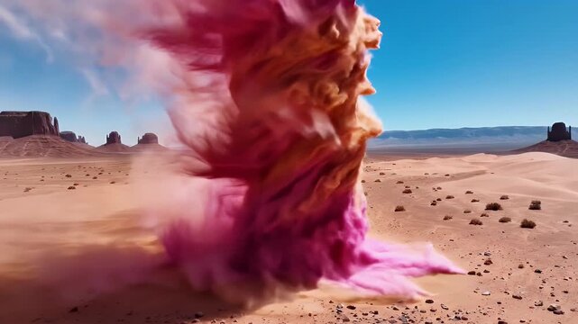 Abstract pink dust tornado swirling in a desert landscape