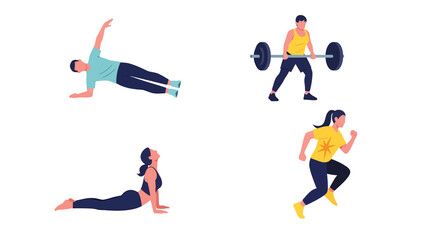 Diverse Fitness Routine Men and Women Exercising Weightlifting Yoga Running and Core Strength Training