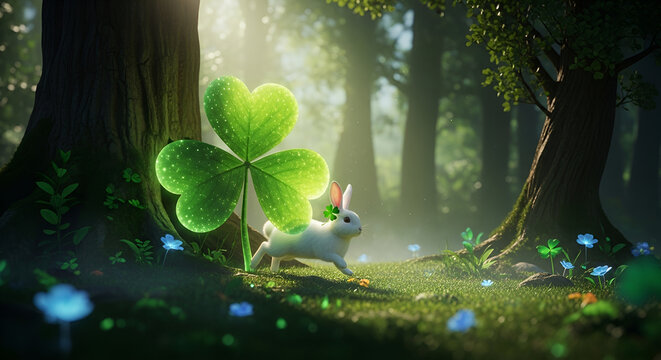 Magical white rabbit dashes by a radiant three-leaf shamrock in a luminous forest, ideal for St. Patrick's Day greetings, Easter holiday designs, whimsical spring marketing,