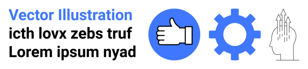 Obraz premium Business solutions, teamwork, workflow automation, technology, collaboration, recognition. Thumbs up icon, gear symbol with abstract head graphic. Business solutions and teamwork concept