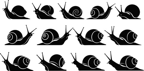 Snail silhouette vector set, black garden snail icons collection, crawling mollusk poses for nature, wildlife, biology, and minimal illustration design © Goutom