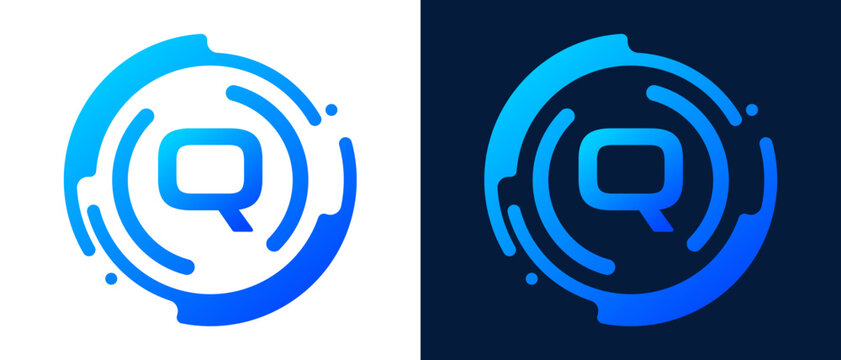 Modern letter &ldquo;Q&rdquo; logo with circular abstract lines and blue gradient style, representing digital technology, innovation, connectivity, and professional tech branding.