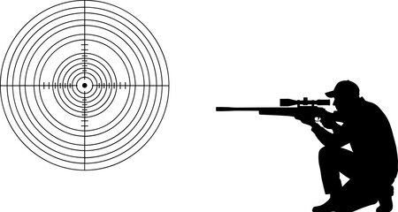 Sniper aiming at target vector illustration, rifle shooter silhouette with crosshair bullseye, precision shooting concept for sport, hunting, training graphics © Goutom