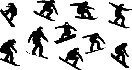 Snowboarder silhouettes performing aerial tricks set, winter extreme sport action poses, snowboarding movement collection, black vector illustration isolated on white background