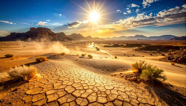 Desert landscape with cracked earth and sun shining brightly in the sky