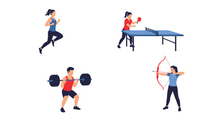 Fototapeta premium Diverse Sports and Fitness Activities Montage Running Table Tennis Weightlifting Archery Healthy Lifestyle Icons