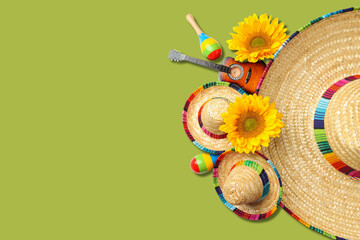 Obraz premium Cinco de Mayo party with sombreros, maracas, and sunflowers