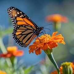 Obraz premium Monarch butterfly feeding on vibrant orange marigold flowers in a sunny garden