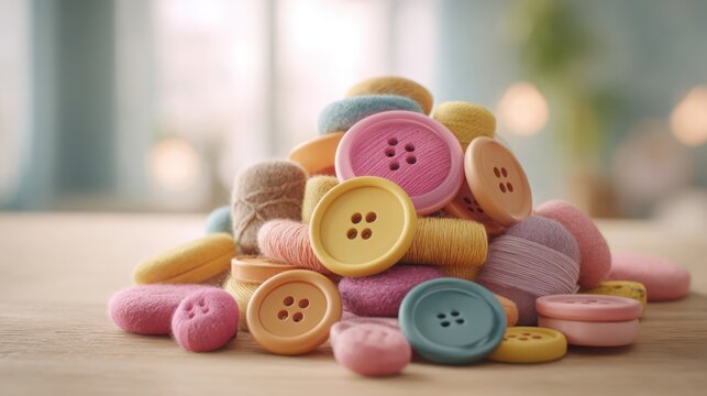 A vibrant assortment of colorful oversized buttons and soft threads, perfect for creative sewing and crafting projects.