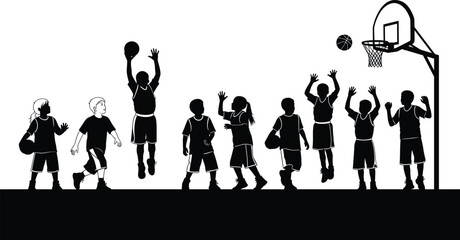 Kids playing basketball silhouette set with children jumping, dribbling and shooting ball toward hoop, youth sports activity concept isolated on white background © MdMamunur