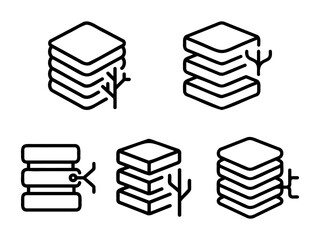 Set of thin line icons featuring database stacks with tree branch growth for organic data and green tech branding