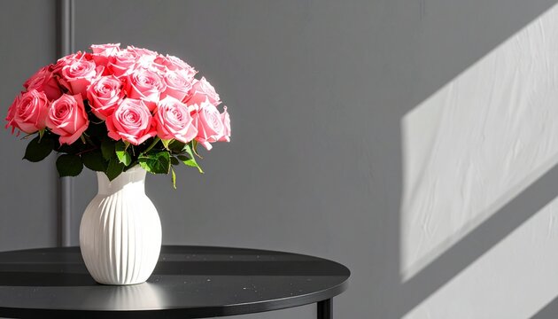 Vibrant pink roses in a stylish white vase on a simple table.