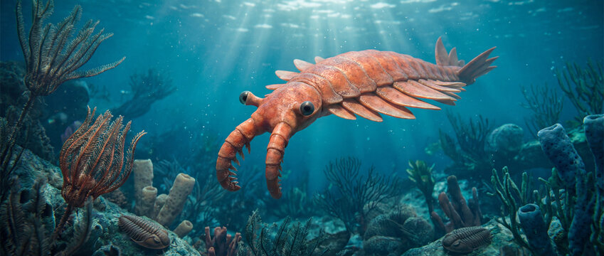 Prehistoric Anomalocaris Swimming in an Ancient Ocean Environment