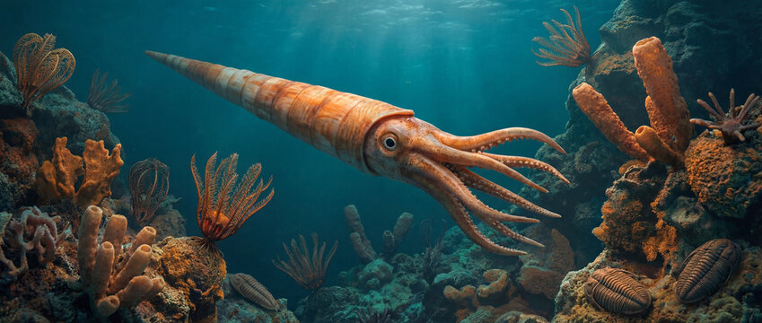 Ancient orthocone swims past vibrant prehistoric marine organisms