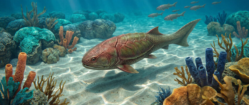 Large prehistoric fish swims over sandy seabed and corals
