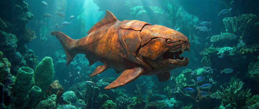 Ancient armored fish swims through a vibrant colorful coral reef