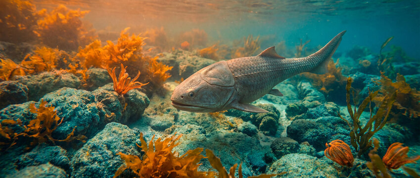 Large ancient fish swims through a vibrant prehistoric ocean environment