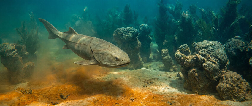 Prehistoric fish swims in ancient underwater environment