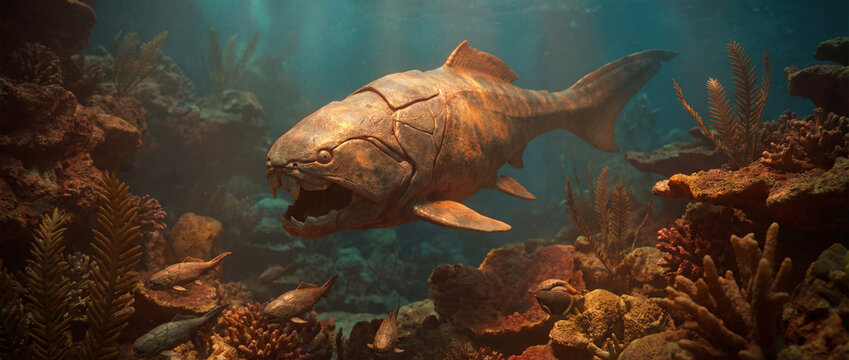 Prehistoric armored fish with open mouth swims in ancient reef