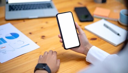 Fototapeta premium Person holding a blank screen smartphone over a wooden desk workspace