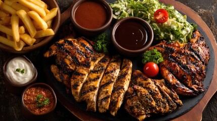 Delicious grilled chicken platter with fries and fresh salad served on a wooden board, featuring barbecue sauce and creamy dip on a rustic table