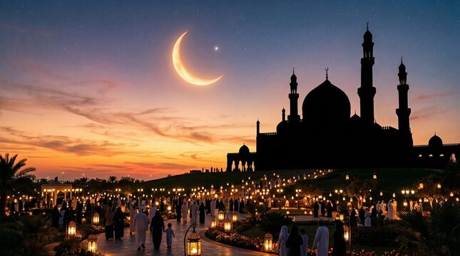 Radiant crescent moon illuminates a sprawling islamic mosque silhouette at dusk casting a warm glow over a vibrant crowded gathering with illuminated lanterns celebrating