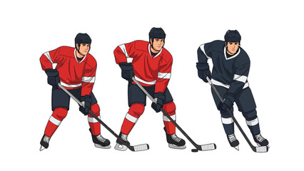 Obraz premium Three Hockey Players in Action Posed on White Background Diverse Team Uniforms