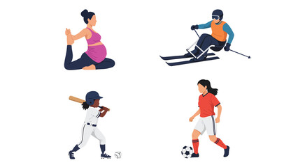 Diverse Women Active in Sports and Fitness Pregnancy Yoga Skiing Baseball and Soccer Illustrations
