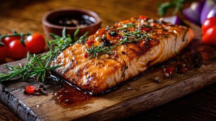 Grilled Salmon Fillet Glazed with Honey and Herbs Served on Rustic Wooden Board with Cherry Tomatoes and Bowl of Sauce