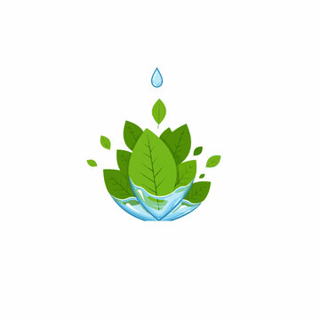 Water droplet transforming into leaves symbolizing sustainability and life, flat vector illustration, modern minimal style, white background.