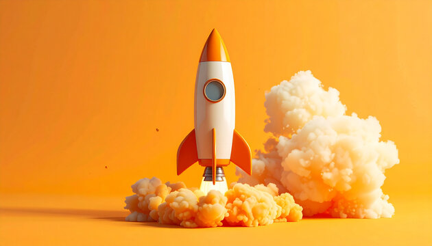 Orange rocket launch with smoke against a solid orange background