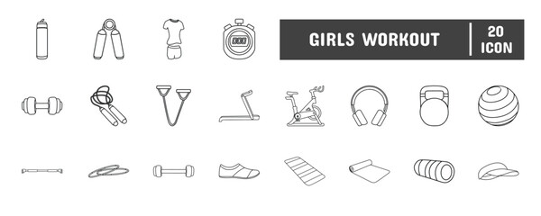 20 Girls Workout Line Icon Illustration Set