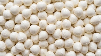 Top View of Mozzarella Cheese Balls – Fresh Italian Mozzarella Pearls with Smooth Creamy Texture, Ideal for Salads, Pizza, and Gourmet Dairy Food Background