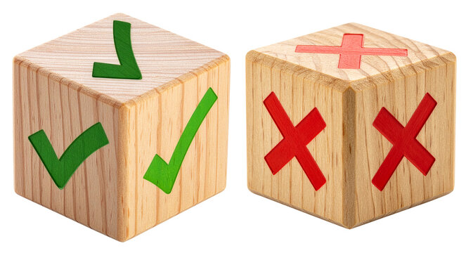 wooden cubes with yes and no checkmark and crossmark symbol isolated on white background