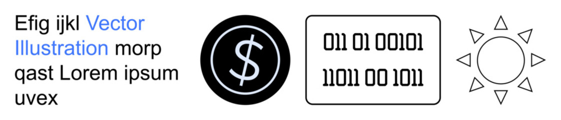 Obraz premium Technology, finance, digital economy, sustainability, coding, renewable energy. Binary code, dollar currency and a sun icon. Technology and digital economy in focus