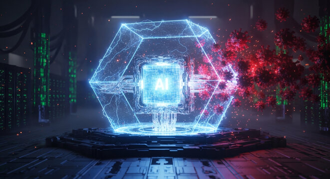 Artificial Intelligence Concept AI Core Embodied in a Futuristic Glowing Hexagonal Structure, Representing Innovation and Data Flow