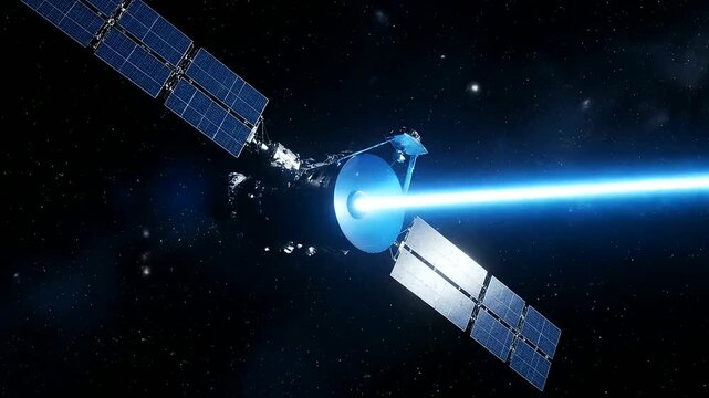 Orbital Power Satellites beaming futuristic energy with a glowing blue laser from advanced solar array technology in deep space, representing innovation.