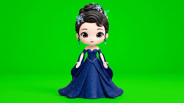 Cute 3D Cartoon Character in Blue Dress with Snowflake Accessories Against Green Screen Background Animation for