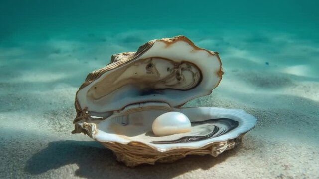 Open Oyster with Pearl Underwater in Ocean Light