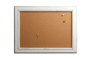 Fototapeta premium White framed cork board with push pins for notes, announcements, and office organization, transparent background