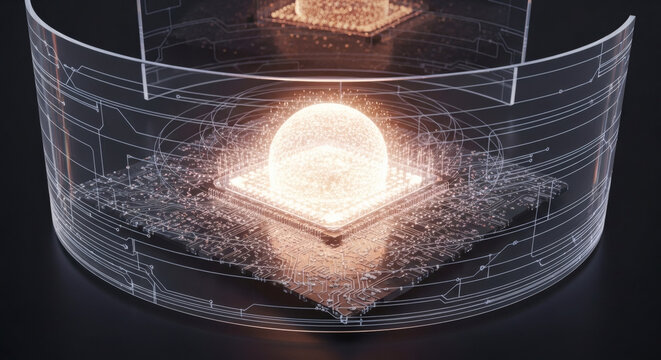 Futuristic Artificial Intelligence Core Processing Unit Visualizing Advanced Data Flow and Quantum Computing Principles within a Secure Digital Environment