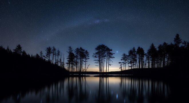 Starry Night Sky Over Calm Mountain Lake with Forest Silhouette and Reflection