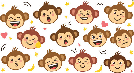 Cute monkey cartoon character collection with various expressive facial emotions and icons for kids design and social media vector © Bappi