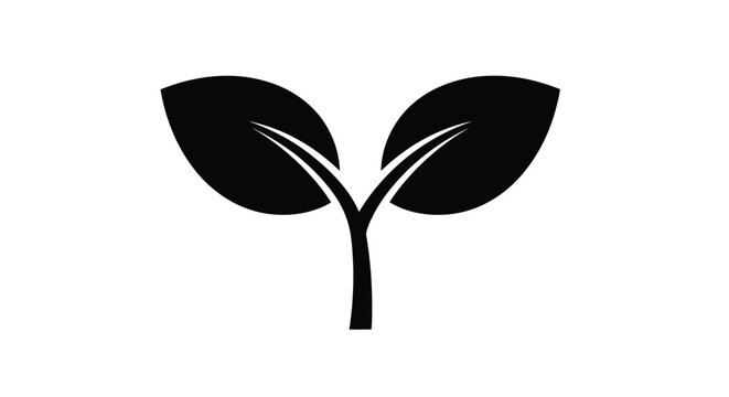 Minimalist black and white vector illustration of a small plant sprout with two leaves representing new beginnings and ecology.