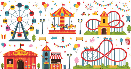 Amusement park carnival set featuring ferris wheel roller coaster carousel fun house and popcorn stall in vibrant flat vector style © Bappi