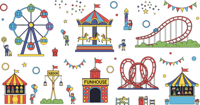 Amusement park carnival vector collection featuring ferris wheel roller coaster carousel funhouse circus tents and fairground attractions with characters