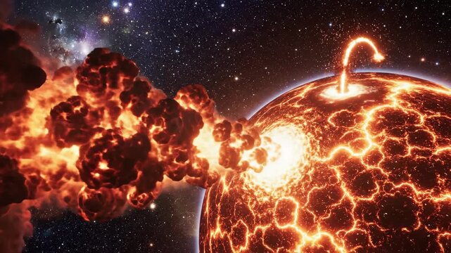 Fiery star with coronal mass ejections in outer space against backdrop of stars, generating heat and light