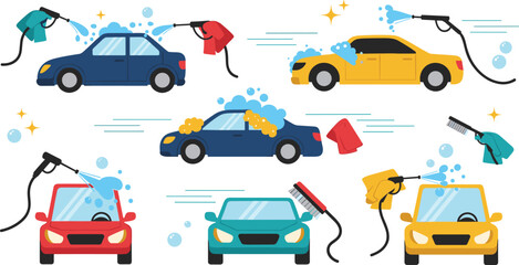 Naklejka premium Professional car wash service vector collection featuring pressure washing soap foam bubbles brushes and manual vehicle cleaning icons for automotive business